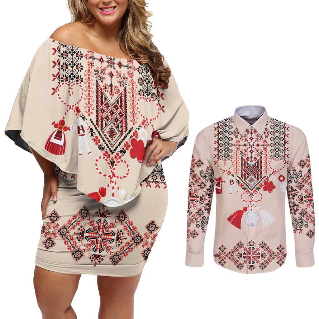 Vintage Martisor Day Martenitsa Couples Matching Off Shoulder Short Dress and Long Sleeve Button Shirt Traditional Romanian Embroidery No2