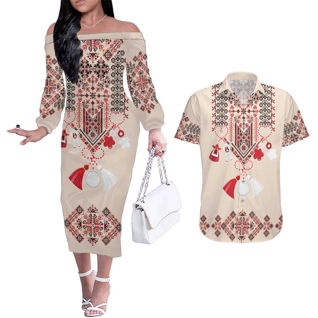 Vintage Martisor Day Martenitsa Couples Matching Off The Shoulder Long Sleeve Dress and Hawaiian Shirt Traditional Romanian Embroidery No2