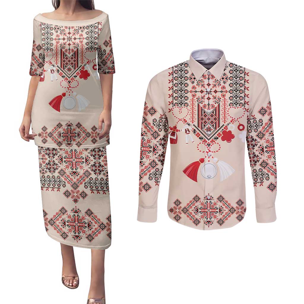 Vintage Martisor Day Martenitsa Couples Matching Puletasi and Long Sleeve Button Shirt Traditional Romanian Embroidery No2