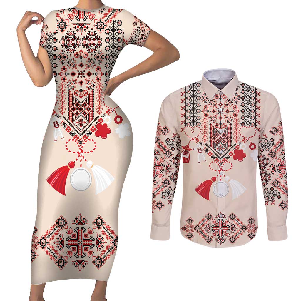 Vintage Martisor Day Martenitsa Couples Matching Short Sleeve Bodycon Dress and Long Sleeve Button Shirt Traditional Romanian Embroidery No2