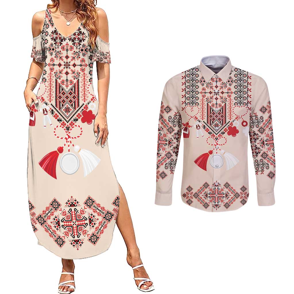 Vintage Martisor Day Martenitsa Couples Matching Summer Maxi Dress and Long Sleeve Button Shirt Traditional Romanian Embroidery No2