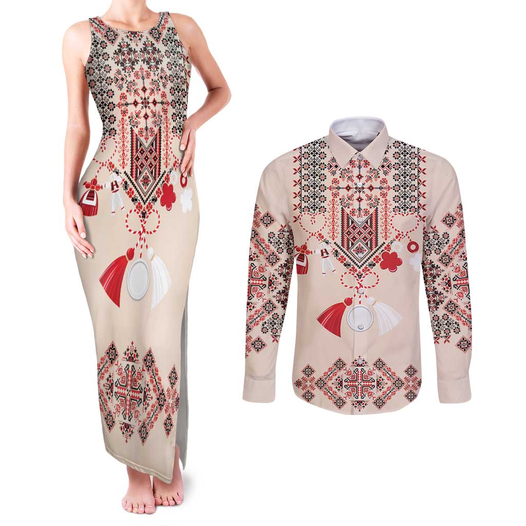 Vintage Martisor Day Martenitsa Couples Matching Tank Maxi Dress and Long Sleeve Button Shirt Traditional Romanian Embroidery No2