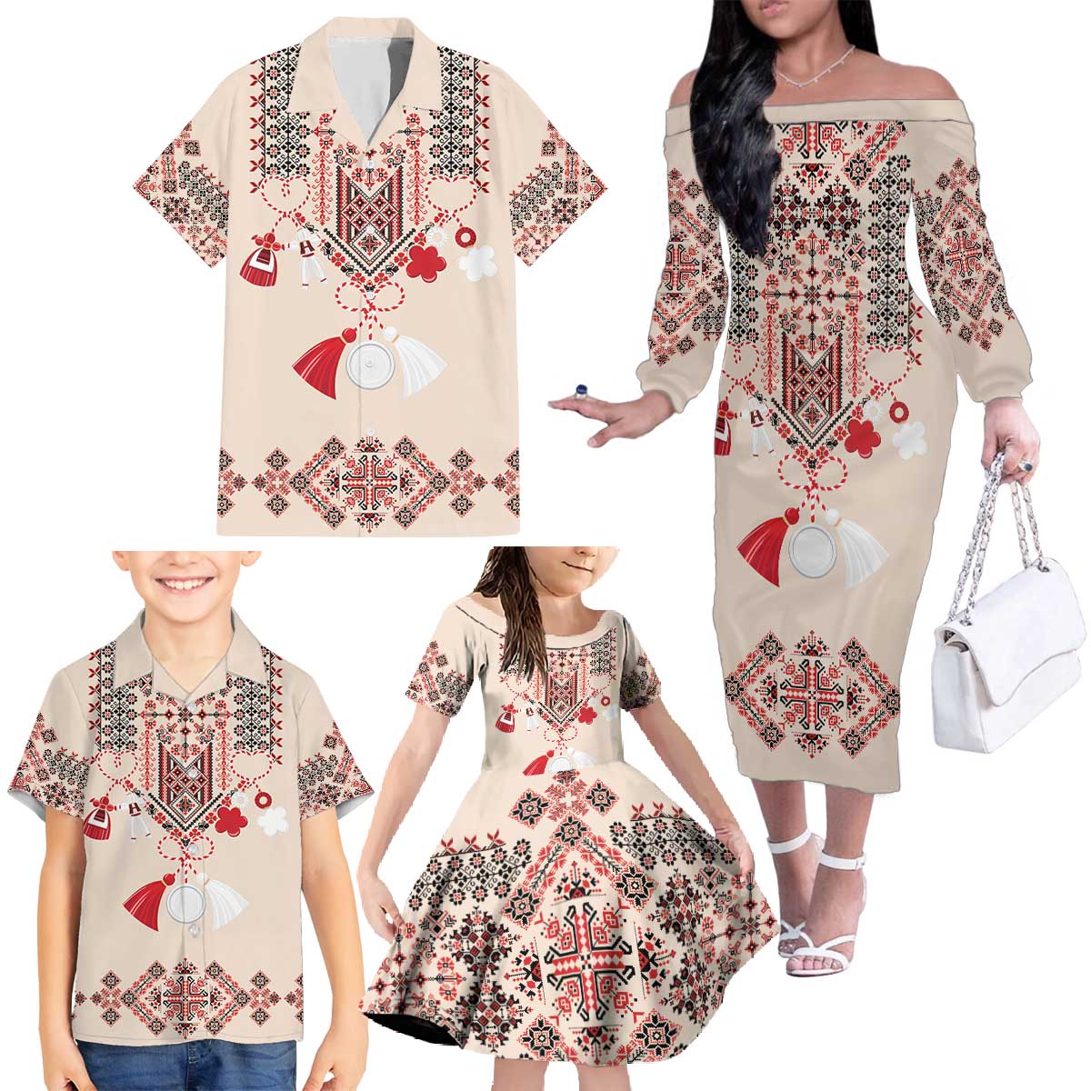 Vintage Martisor Day Martenitsa Family Matching Off The Shoulder Long Sleeve Dress and Hawaiian Shirt Traditional Romanian Embroidery No2