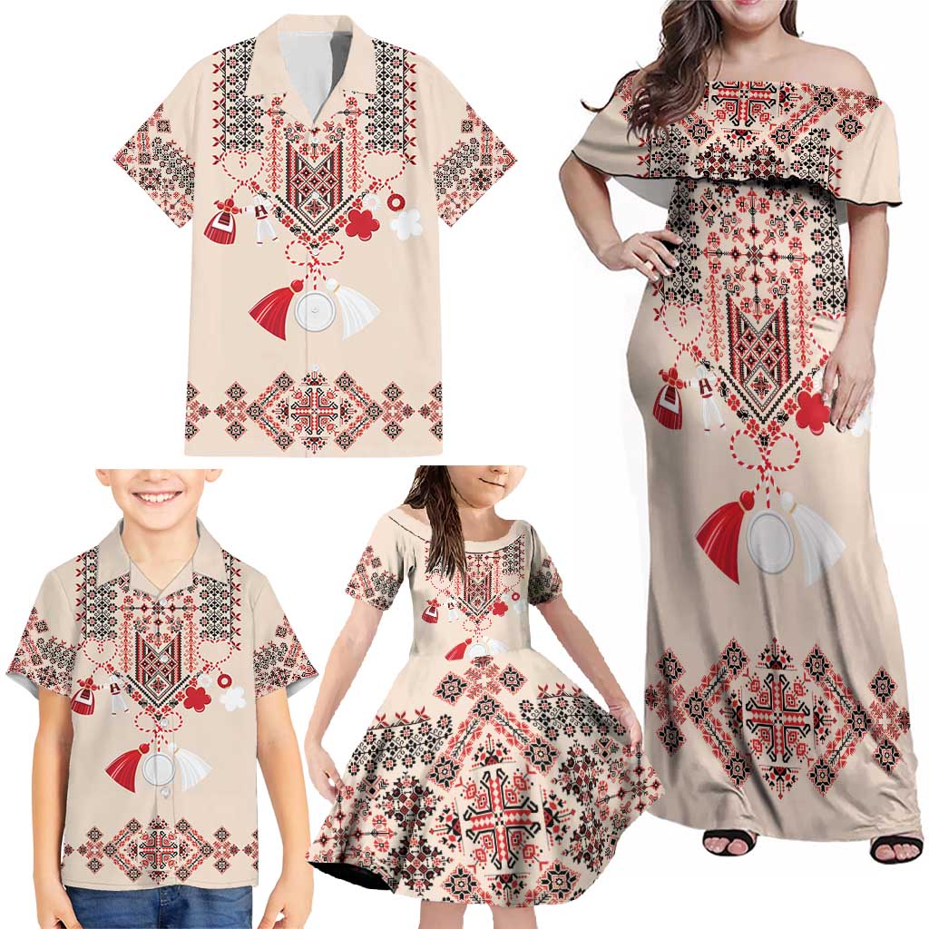 Vintage Martisor Day Martenitsa Family Matching Off Shoulder Maxi Dress and Hawaiian Shirt Traditional Romanian Embroidery No2