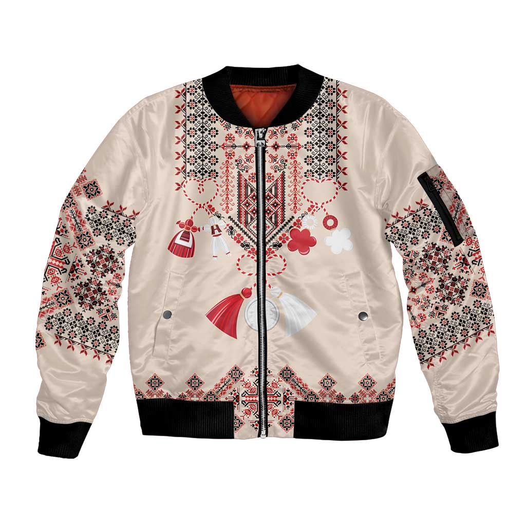 Vintage Martisor Day Martenitsa Sleeve Zip Bomber Jacket Traditional Romanian Embroidery No2