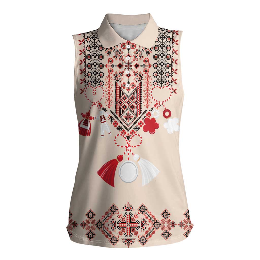 Vintage Martisor Day Martenitsa Women Sleeveless Polo Shirt Traditional Romanian Embroidery No2