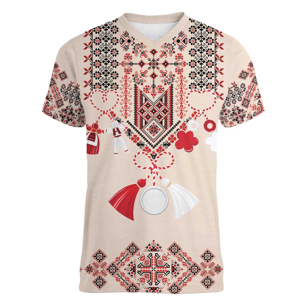 Vintage Martisor Day Martenitsa Women V-Neck T-Shirt Traditional Romanian Embroidery No2