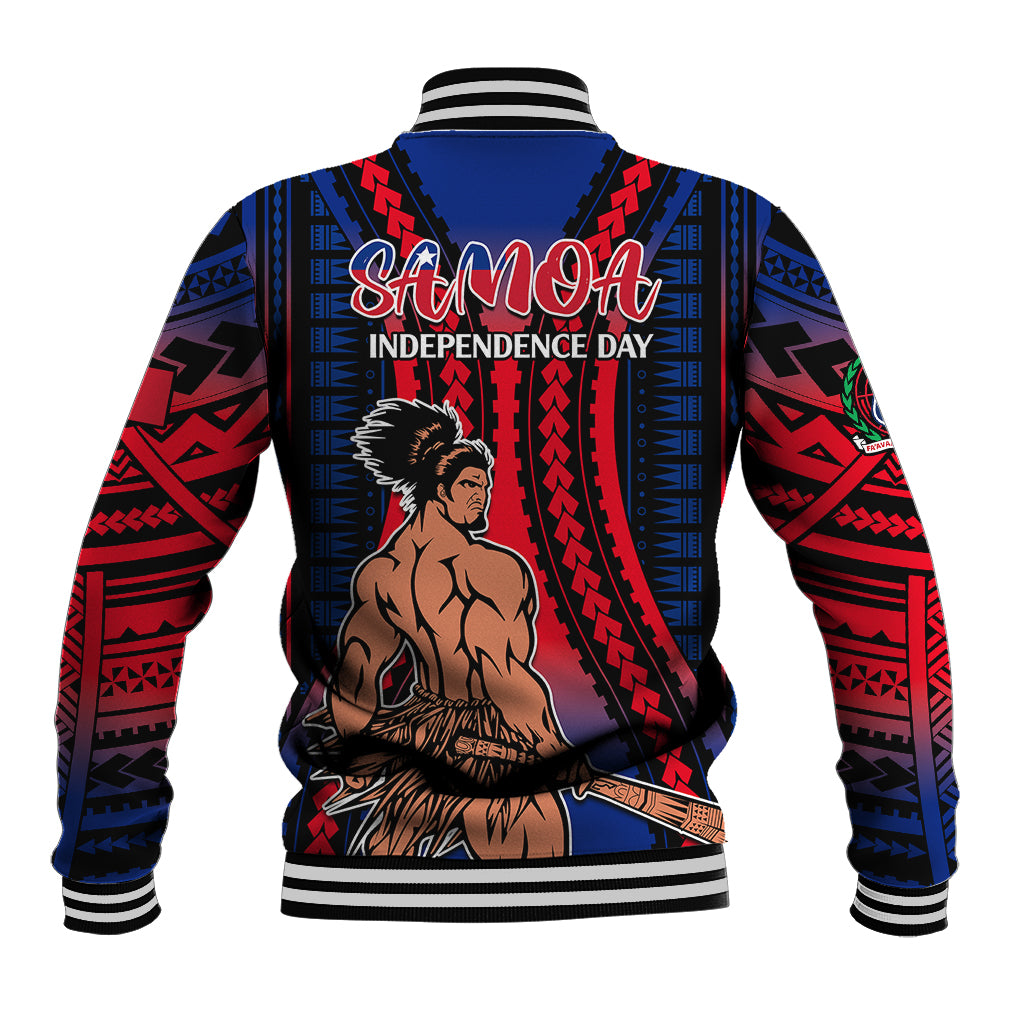 Blue red tribal baseball jacket, button front, ribbed collar; 'Samoa Independence Day' on back