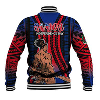 Blue red tribal baseball jacket, button front, ribbed collar; 'Samoa Independence Day' on back