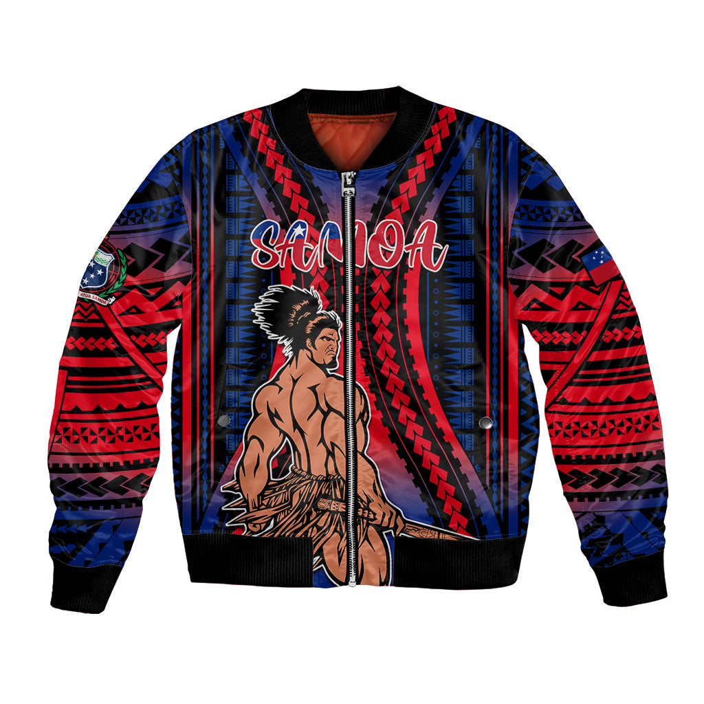 Unisex bomber jacket with blue-red gradient, ribbed collar, zip front, tribal Samoa print
