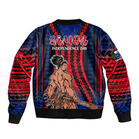 Unisex bomber jacket with blue-red gradient, ribbed cuffs, zip front, Samoa Independence Day print