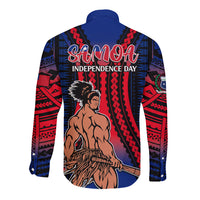 Long sleeve button shirt back, Samoa Independence Day text with tribal pattern and man.