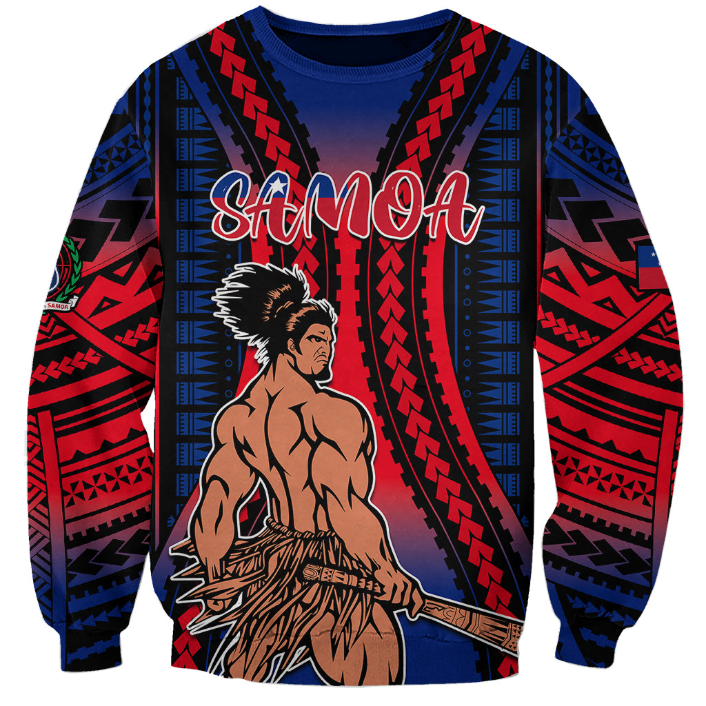 Unisex sweatshirt with dark blue-red tribal gradient and figure graphic, Samoa text