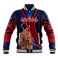 Varsity baseball jacket with blue-red tribal print, snap button front, ribbed collar/cuffs