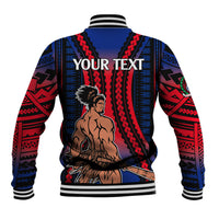 Varsity jacket back with blue-red tribal print, 'YOUR TEXT' graphic, ribbed collar/cuffs