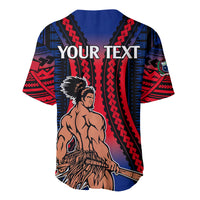 Baseball jersey, blue-red gradient, V-neck, tribal print, Your Text and warrior art