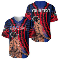 Pair of baseball jerseys, blue-red gradient, V-neck, tribal print, Samoa and Your Text