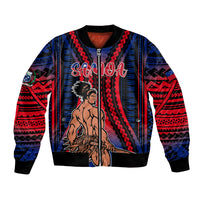 Samoa-themed bomber jacket, front zip, red and blue tribal gradient with dancer graphic