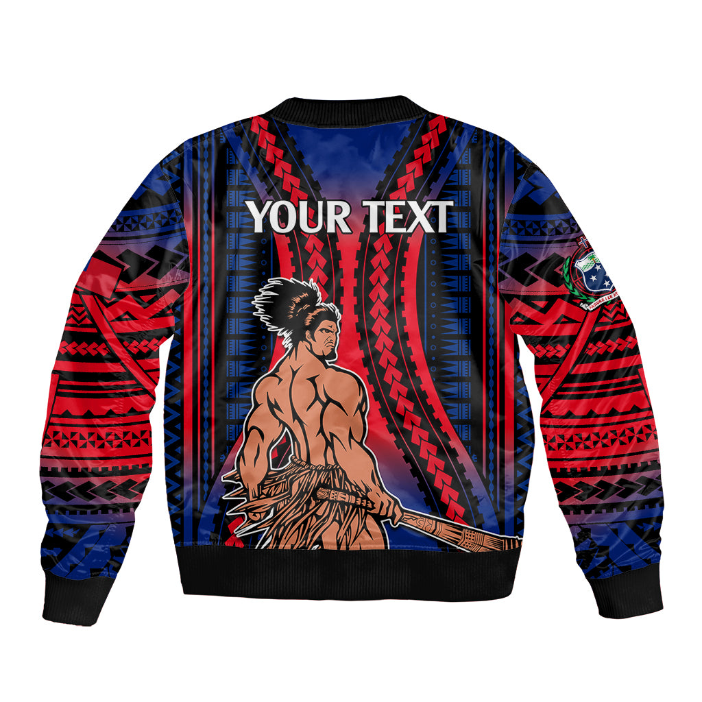 Custom text bomber jacket, front zip, blue and red tribal gradient with warrior graphic