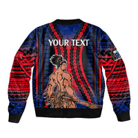 Custom text bomber jacket, front zip, blue and red tribal gradient with warrior graphic