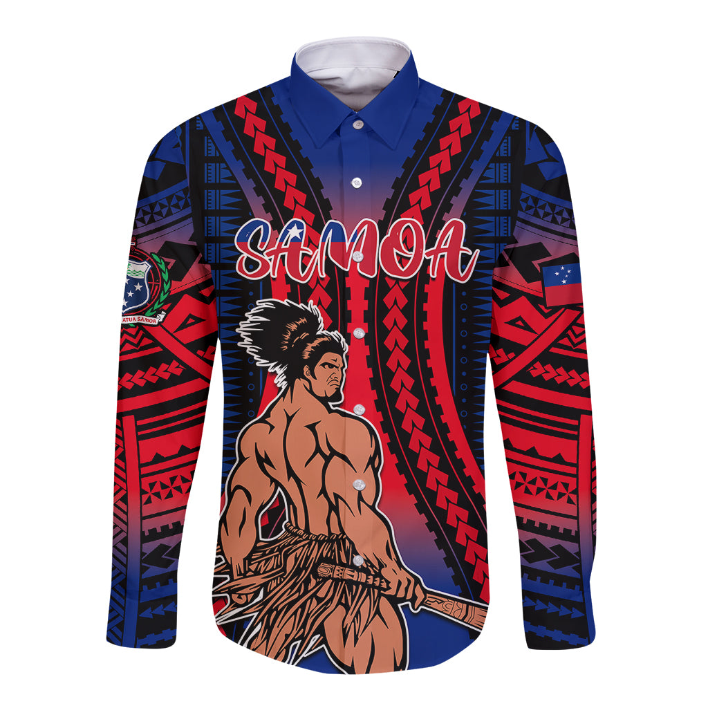Unisex long-sleeve button shirt with blue-red gradient tribal print and Samoa graphic