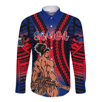 Unisex long-sleeve button shirt with blue-red gradient tribal print and Samoa graphic