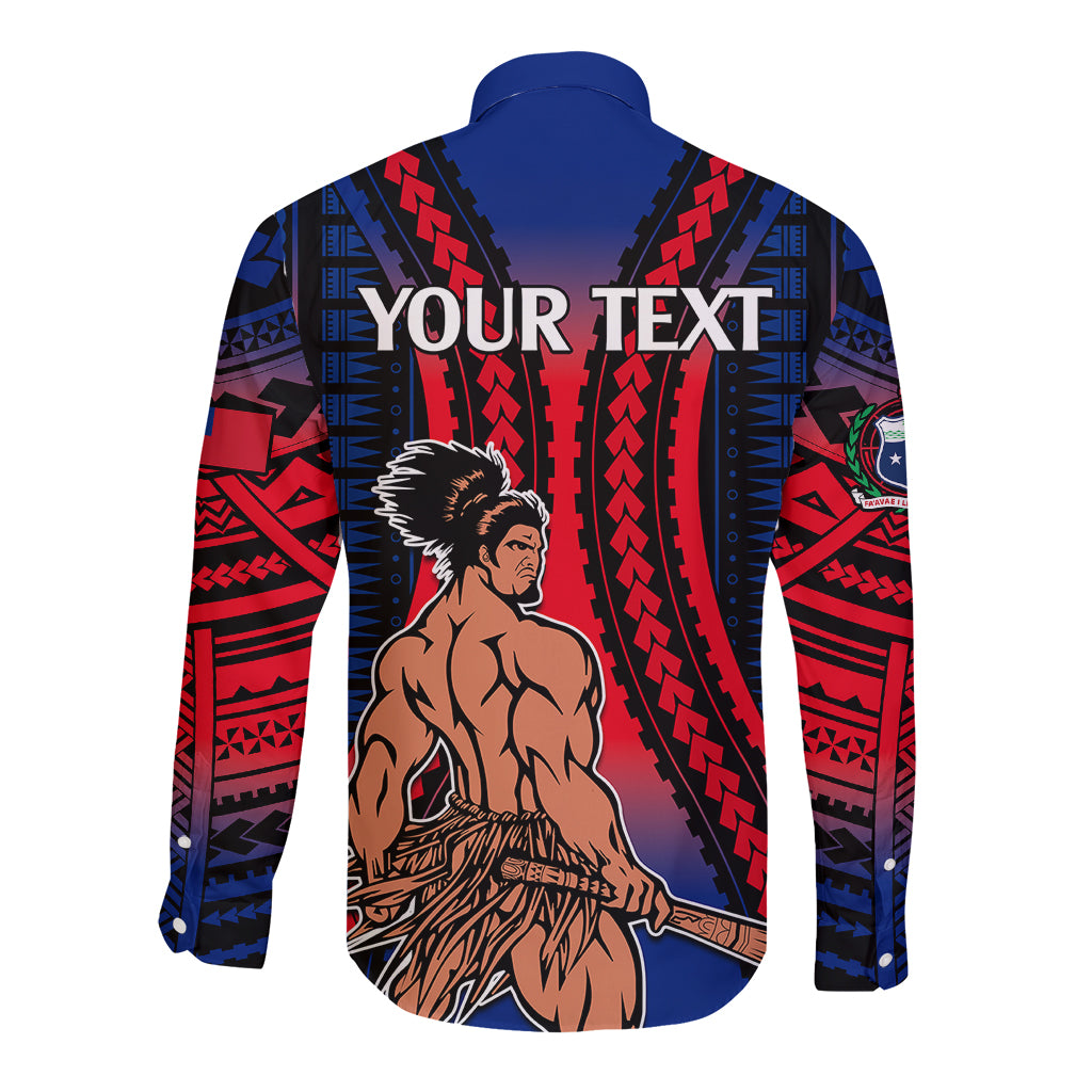 Unisex long-sleeve button shirt with blue-red gradient tribal print and bold Your Text