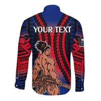 Unisex long-sleeve button shirt with blue-red gradient tribal print and bold Your Text