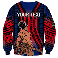 Unisex crewneck sweatshirt with blue-red gradient and Polynesian tribal graphic, Your Text