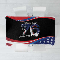 Personalized 4th of July tablecloth with black background, stars, red stripes, text area