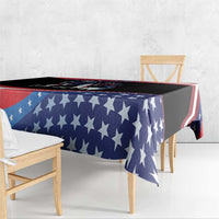 Patriotic tablecloth with blue star section and red-white stripe border on table