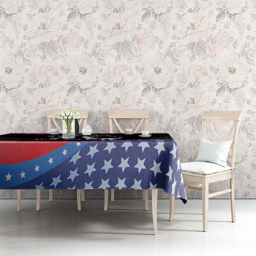 4th of July tablecloth with blue star design and red-white stripe runner on table