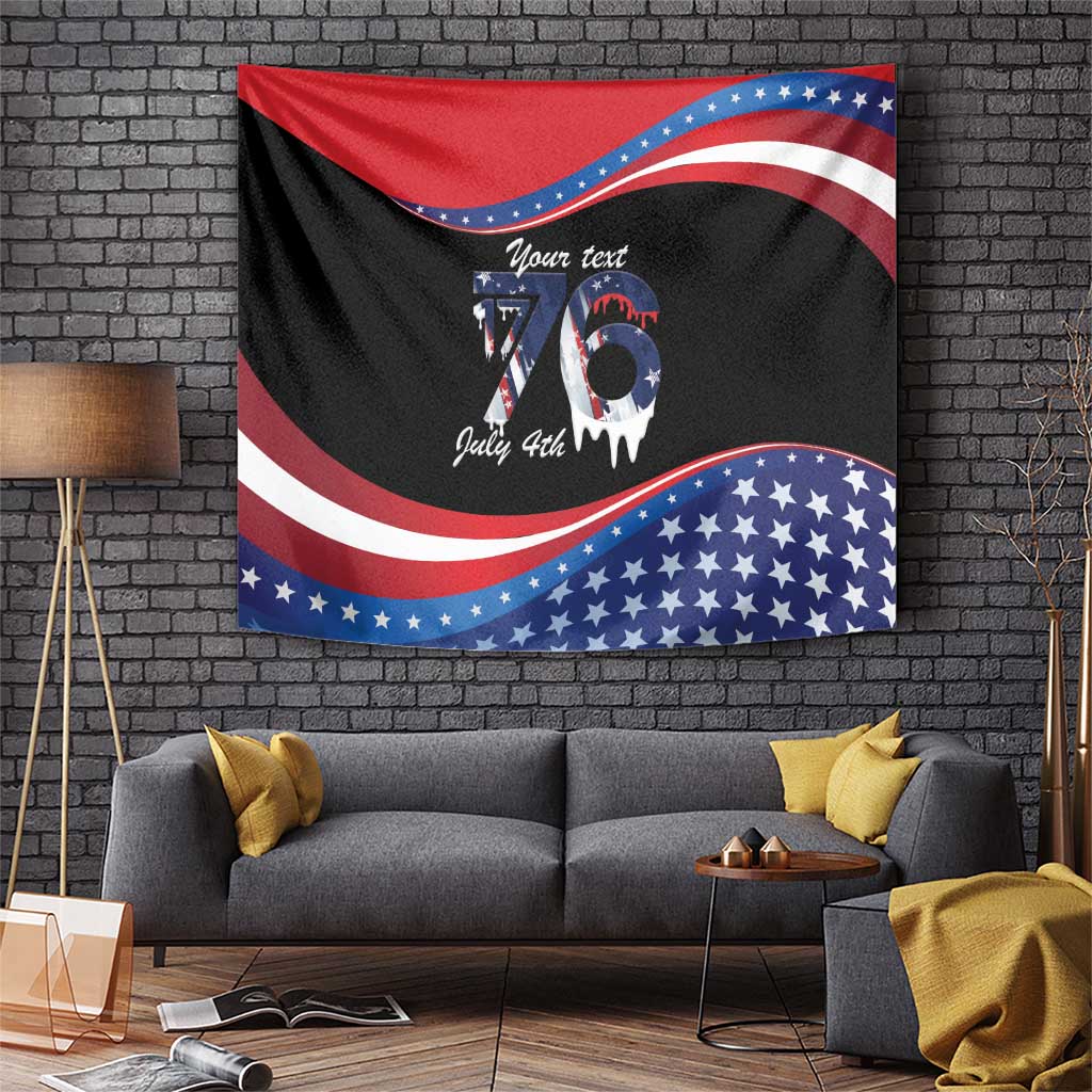 Personalized American flag tapestry with black base, red stripes, blue stars and 1776 graphic