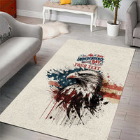 Beige personalized area rug featuring bald eagle with stars, stripes, and Independence Day text