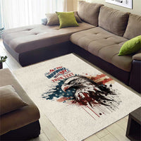 Beige personalized area rug with bald eagle centerpiece and red-white-blue splatter