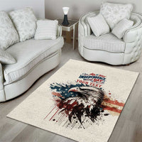 Beige personalized area rug with bald eagle and Independence Day message graphic