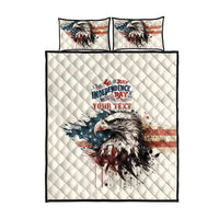 White quilt bed set with bald eagle panel, “YOUR TEXT” banner, and coordinating pillow set