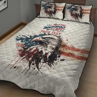 White quilt bed set with quilted pattern and bald eagle American flag artwork