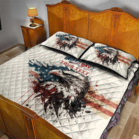 White quilt bed set with bald eagle, American flag brush strokes, and two matching pillows