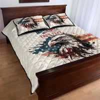 White quilt bed set with bald eagle artwork, “YOUR TEXT” imprint, and dark-trim pillows