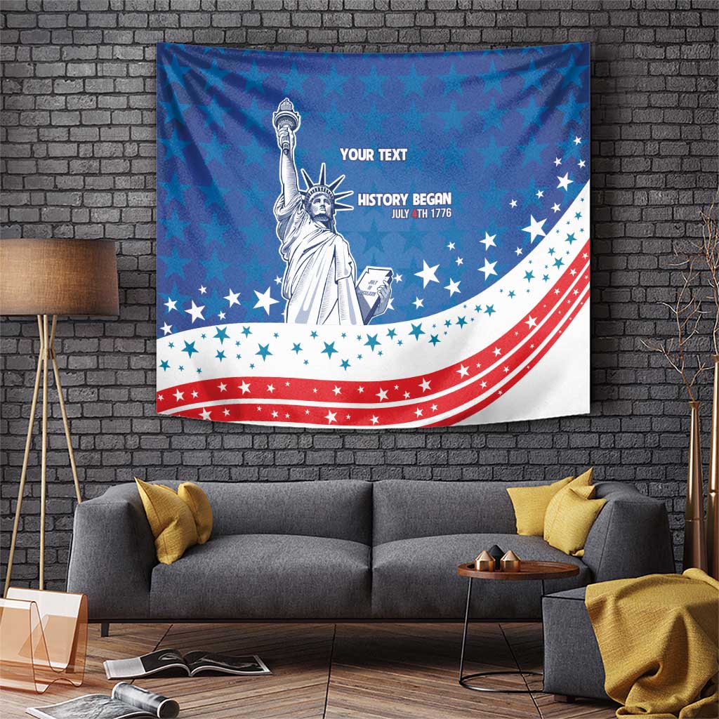 Blue US flag tapestry with Statue of Liberty and personalized text, wall hanging