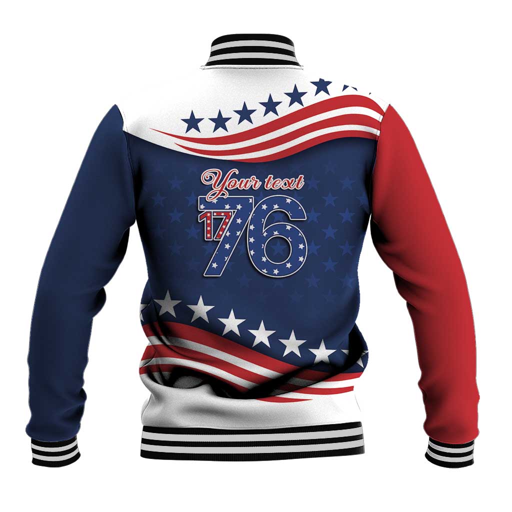 Unisex American flag baseball jacket with “Your text” and “1776” graphics, striped ribbed trim
