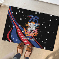 Black patriotic doormat with bald eagle, stars, 76 emblem, and two shoes in front