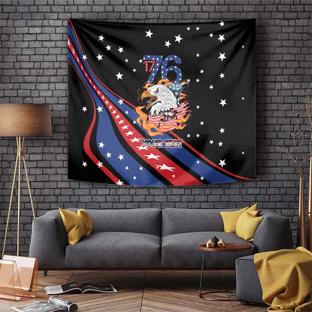 Black 4th of July tapestry with bald eagle, stars, and red-blue ribbon stripes