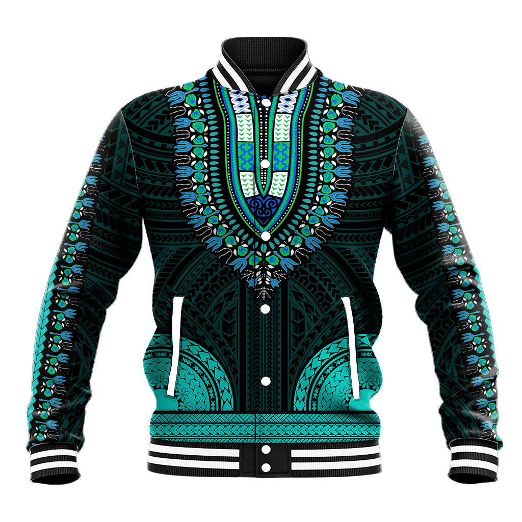 Unisex teal dashiki-pattern baseball jacket with button front and striped rib collar