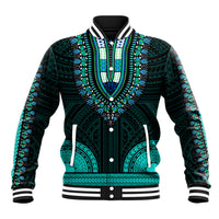 Unisex teal dashiki-pattern baseball jacket with button front and striped rib collar