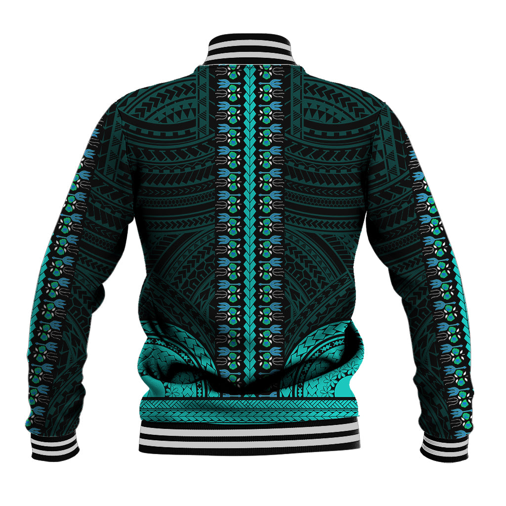 Unisex teal dashiki-pattern baseball jacket back with striped rib cuffs and hem