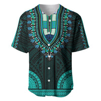 Teal and dark green dashiki-style baseball jersey with V-neck and ornate trim