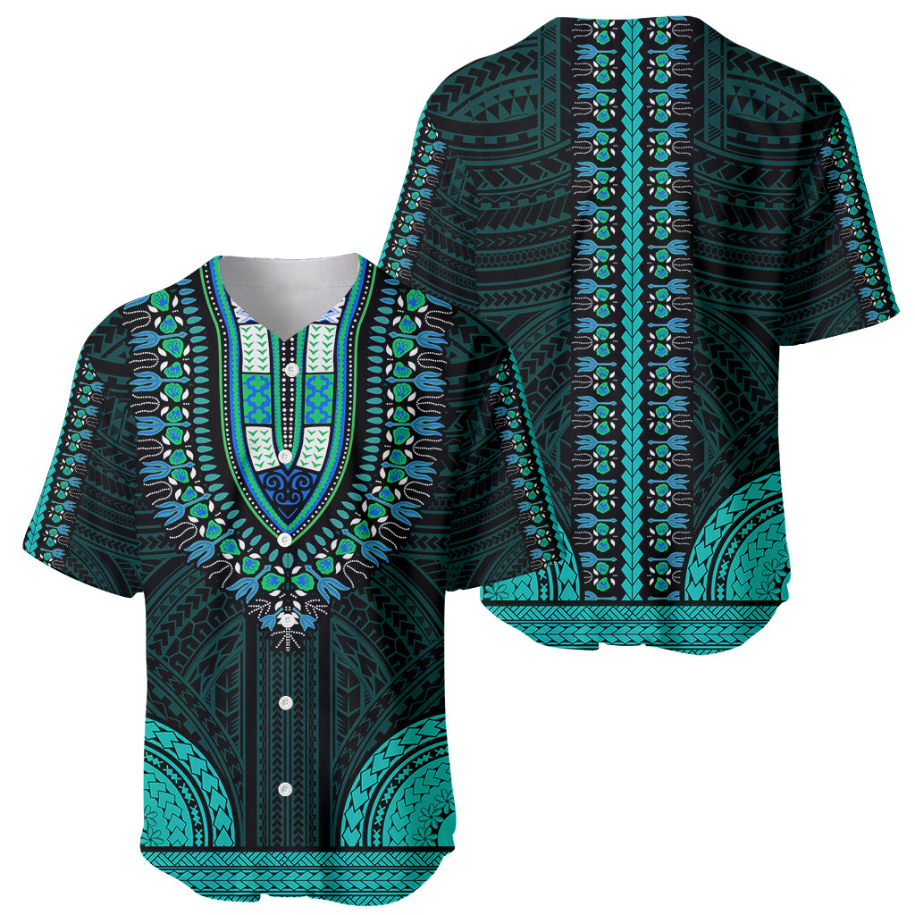 Teal and dark green dashiki baseball jersey with V-neck, buttons, and bold motifs