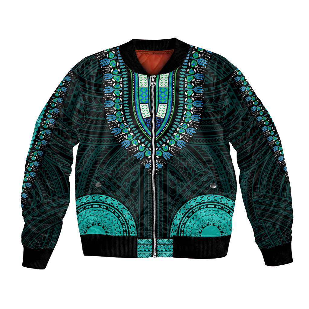 Teal and black bomber jacket with zip front, ribbed cuffs, and ornate tribal pattern